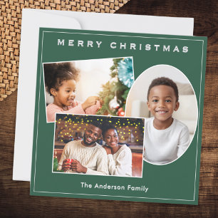 Chic Green & Faux Silver 3 Photos Custom Christmas Holiday Card