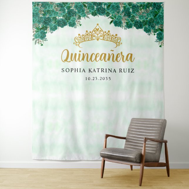 Chic Green Floral Tiara Quinceanera Photo Backdrop Tapestry (In Situ)