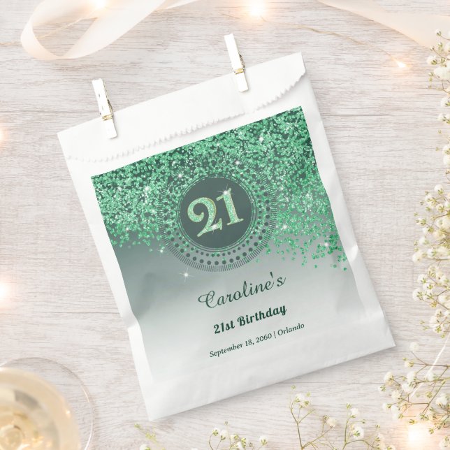 Chic Green Glitter & Dotted Frame 21st Birthday Favour Bags (Clipped)
