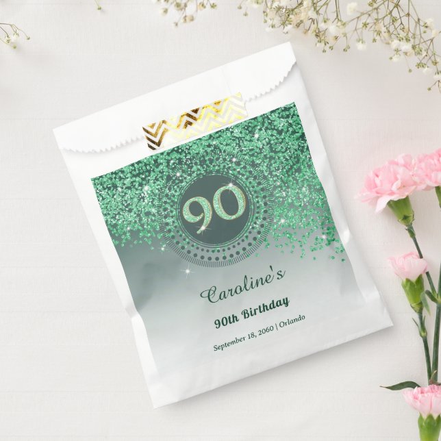 Chic Green Glitter & Dotted Frame 90th Birthday Favour Bags (Sealed)