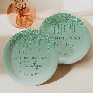 Chic Green Glitter Drip Graduation Party Paper Plate