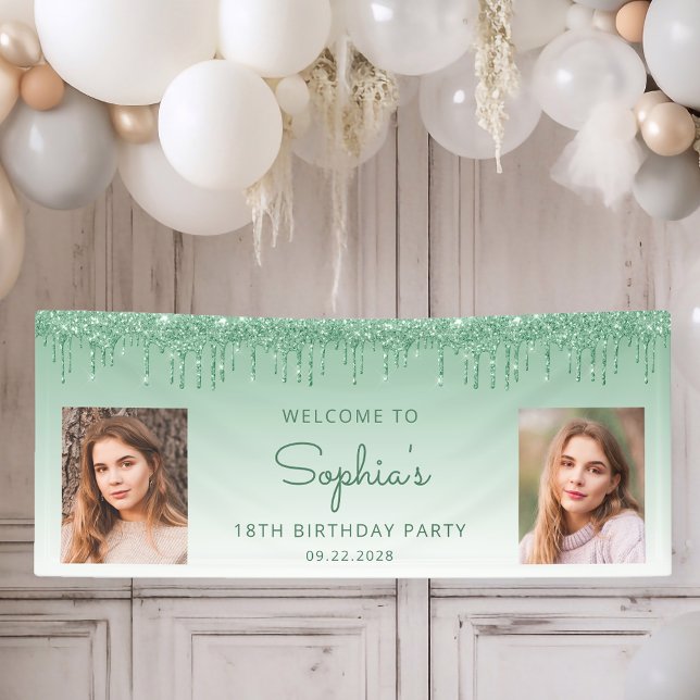 Chic Green Glitter Drip Two Photo 18th Birthday Banner (Creator Uploaded)