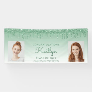Chic Green Glitter Drip Two Photo Graduation Banner