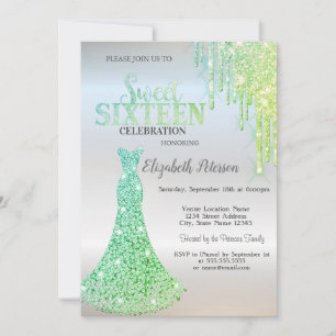 Chic Green Glitter Drips,Diamonds Dress Sweet 16   Invitation