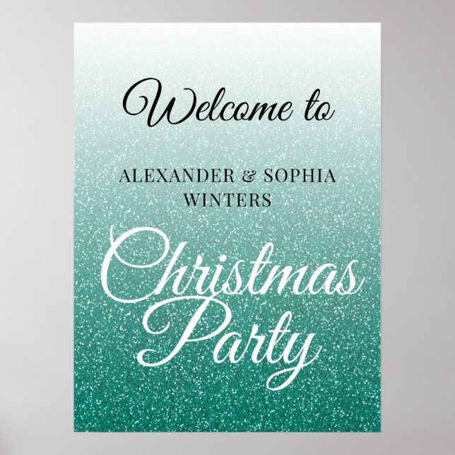 Chic Green Glitter Ombre Christmas Party Welcome Poster (Front)