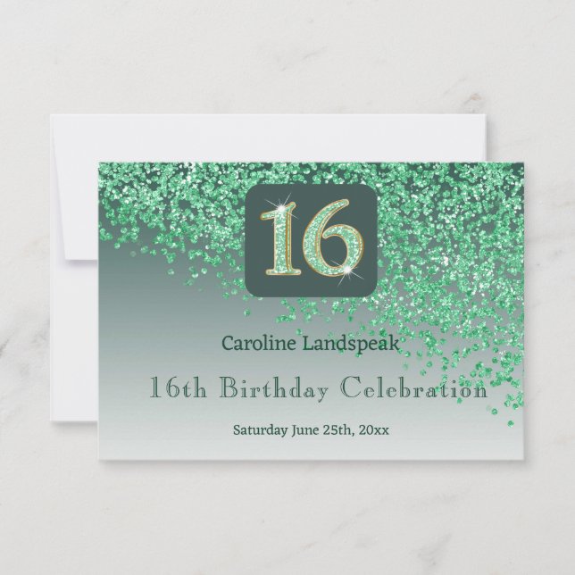 Chic Green Glitter, Sixteen Birthday RSVP Card (Front)