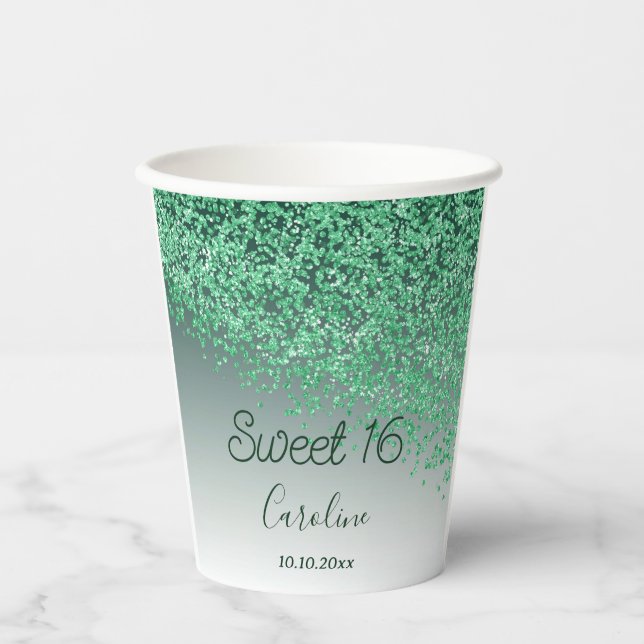 Chic Green Glitter Sweet 16 Birthday Paper Cups (Front)