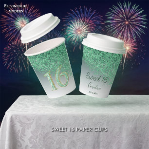 Chic Green Glitter Sweet 16 Birthday Paper Cups