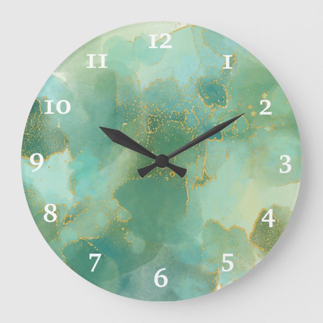 Chic Green Gold Alcohol Ink Watercolor Large Clock (Front)