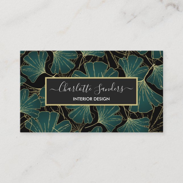 Chic green gold black gingko leaves business card (Front)
