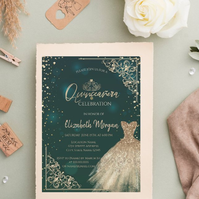 Chic Green Gold Dress Tiara,Diamonds Quinceañera Invitation (Creator Uploaded)