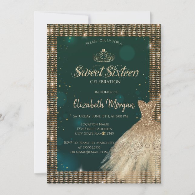 Chic Green Gold Dress Tiara,Diamonds Sweet 16 Invitation (Front)
