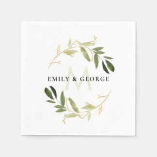 CHIC GREEN GOLD FOLIAGE WREATH MONOGRAM WEDDING NAPKIN