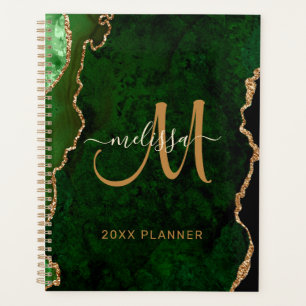 Chic Green Gold Glitter Agate Custom Monogram 2024 Planner