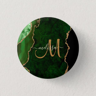 Chic Green Gold Glitter Agate Custom Monogram 3 Cm Round Badge