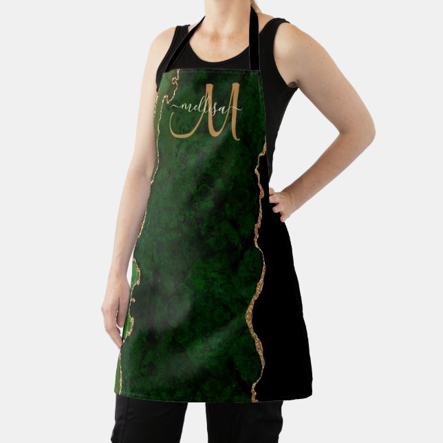 Chic Green Gold Glitter Agate Custom Monogram Apron (Insitu)