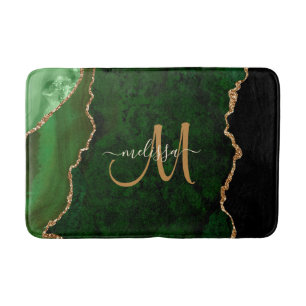 Chic Green Gold Glitter Agate Custom Monogram Bath Mat