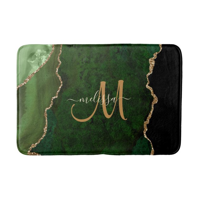 Chic Green Gold Glitter Agate Custom Monogram Bath Mat (Front)