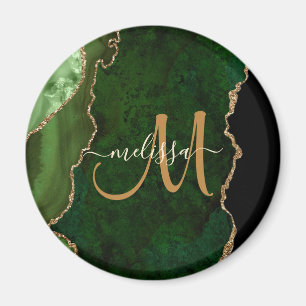 Chic Green Gold Glitter Agate Custom Monogram Magnet