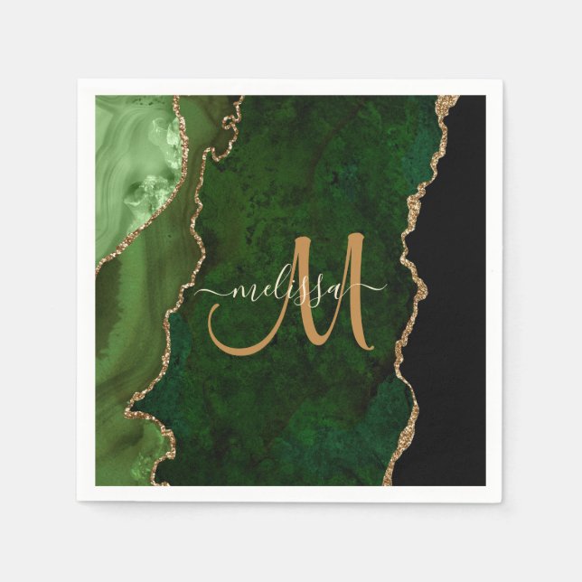 Chic Green Gold Glitter Agate Custom Monogram Napkin (Front)