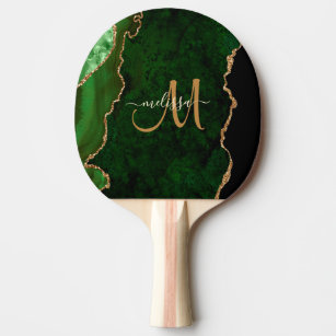 Chic Green Gold Glitter Agate Custom Monogram Ping Pong Paddle