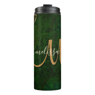 Chic Green Gold Glitter Agate Custom Monogram Thermal Tumbler