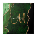Chic Green Gold Glitter Agate Custom Monogram Tile<br><div class="desc">This elegant personalised decorative tile features chic green agate accented with faux gold glitter. Personalise your monogram initial in hand lettered script with your name above. A unique girly gift for birthday,  holidays and any special occasion. Designed just for you by Extreme Tees!</div>