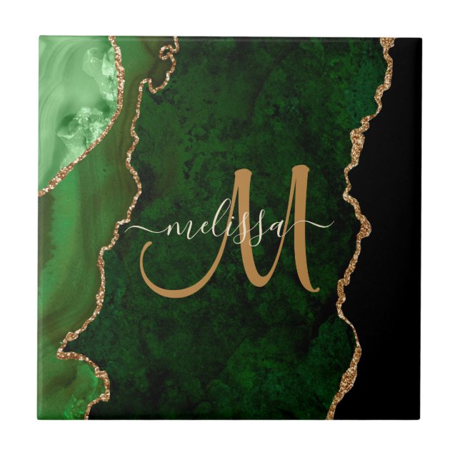 Chic Green Gold Glitter Agate Custom Monogram Tile (Front)