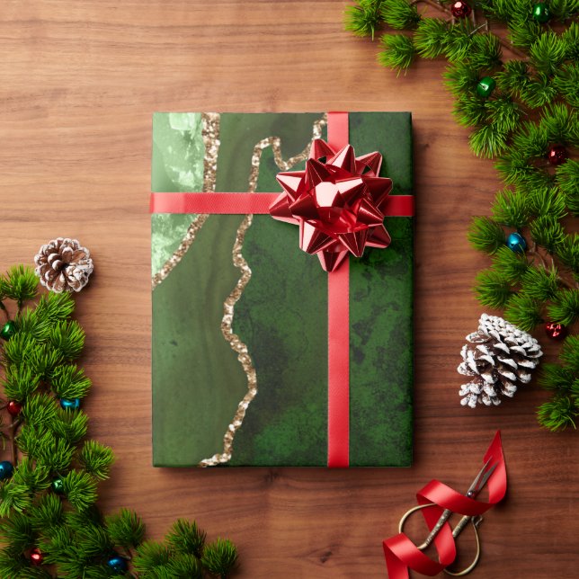 Chic Green Gold Glitter Agate Custom Monogram Wrapping Paper (Holiday Gift)