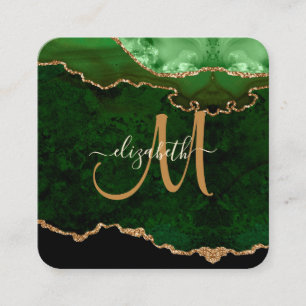 Chic Green Gold Glitter Agate Script Monogram Square Business Card