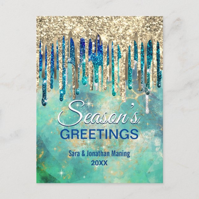 Chic green gold glitter drips Christmas new year Postcard (Front)