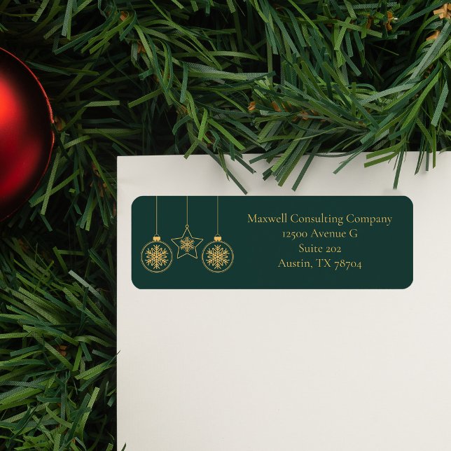 Chic Green Gold Ornaments Christmas Return Address (Creator Uploaded)
