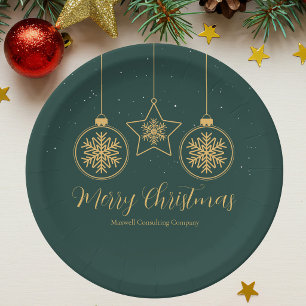 Chic Green Gold Ornaments Company Christmas Party Paper Plate