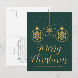 Chic Green Gold Ornaments Custom Company Holiday Postcard