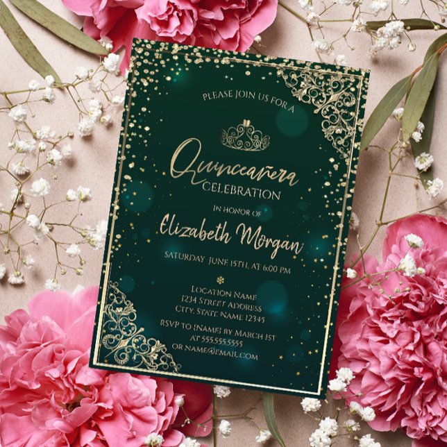 Chic Green Gold Tiara,Diamonds Quinceañera Invitation (Creator Uploaded)