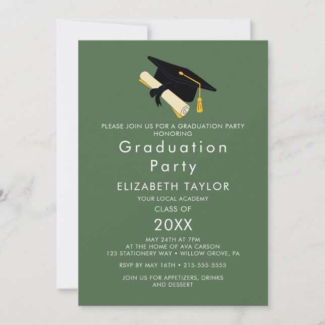Chic Green Grad Cap Graduation Party Invitation (Front)