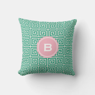 Chic green greek key geometric patterns monogram cushion