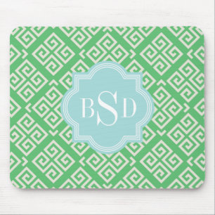 Chic green greek key geometric patterns monogram mouse pad