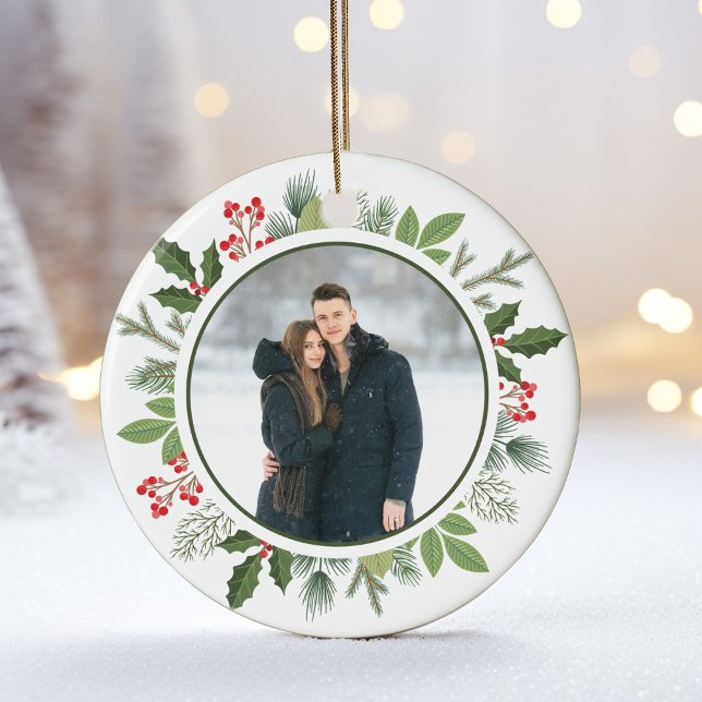 Chic Green Holly Christmas Wreath 2 Sided Photo Ceramic Tree Decoration (Creator Uploaded)