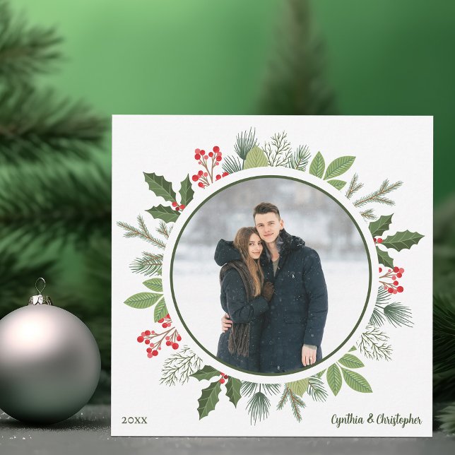 Chic Green Holly Christmas Wreath 2 Sided Photo Holiday Card (Creator Uploaded)