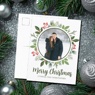 Chic Green Holly Christmas Wreath Couple Photo Holiday Postcard