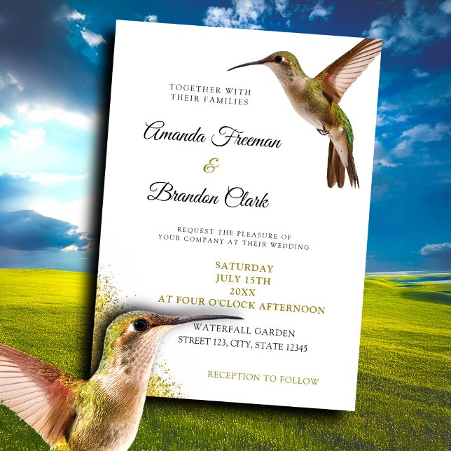 Chic Green Hummingbird and Gold Dust Wedding Invitation (Creator Uploaded)