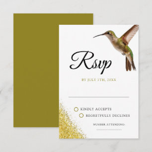 Chic Green Hummingbird and Gold Dust Wedding RSVP Card