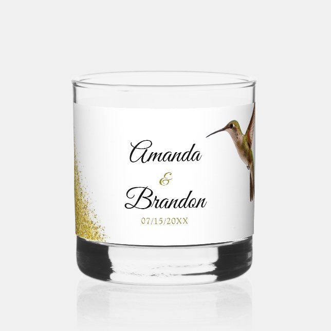 Chic Green Hummingbird and Gold Dust Wedding Whiskey Glass (Front)