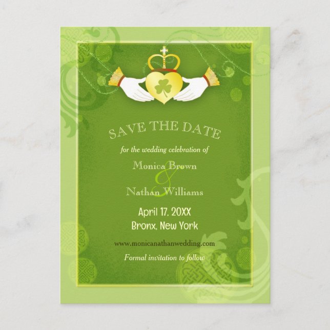 Chic Green Irish Wedding Save the Date Announcement Postcard (Front)