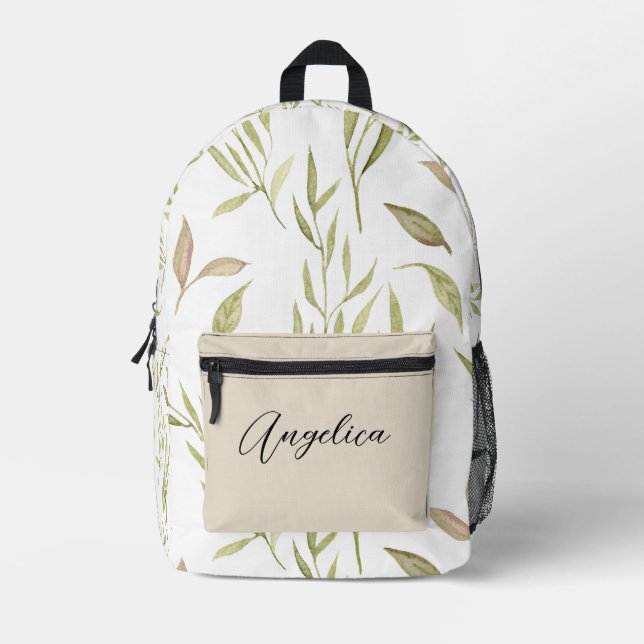CHIC GREEN LEAVES FLORAL PATTERN CUSTOM NAME  PRINTED BACKPACK (Front)