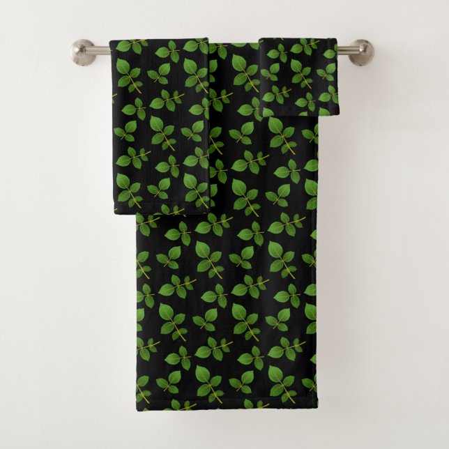 Chic Green Leaves on Black Bath Towel Set (Insitu)
