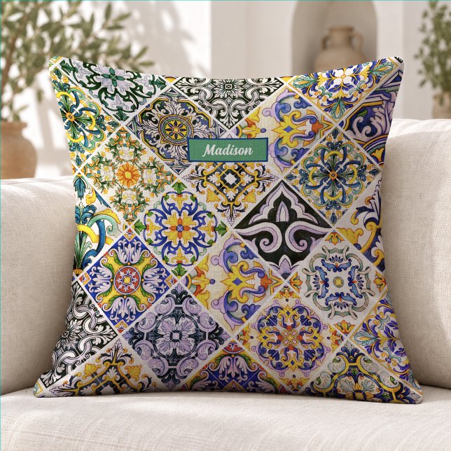 Chic Green Mediterranean Sicilian Tile Pattern Cushion (Creator Uploaded)