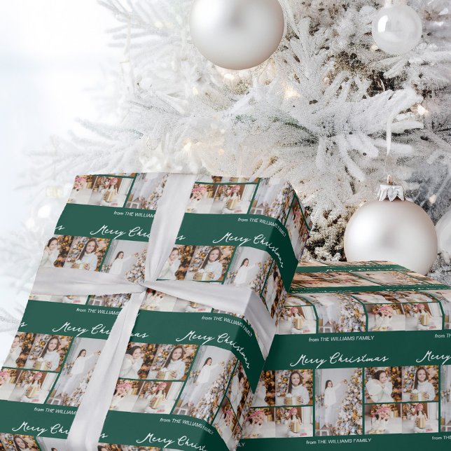 Chic Green Merry Christmas Photo Collage Wrapping Paper (Creator Uploaded)