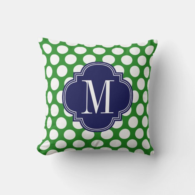 Chic Green & Navy Big Dots Monogrammed Cushion (Front)